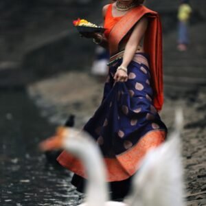 Royal Navy Blue Organza Silk Saree with Gold Zari Motifs & Peach Woven Pallu