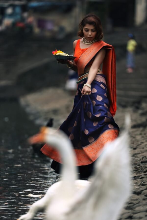 Royal Navy Blue Organza Silk Saree with Gold Zari Motifs & Peach Woven Pallu