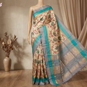 Ivory Silk Saree with Stylized Floral Motifs and Teal–Grey Gold Zari Border
