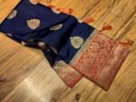 Royal Navy Blue Organza Silk Saree with Gold Zari Motifs & Peach Woven Pallu