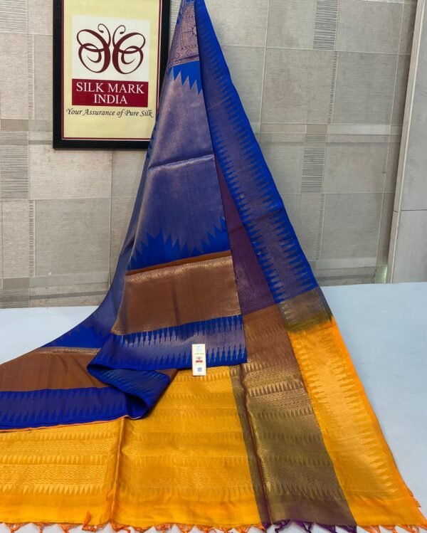 Royal Blue & Mustard Pure Silk Saree with Traditional Zari Borders