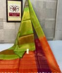 Vibrant Parrot Green Pure Silk Saree with Maroon & Orange Grand Woven Pallu