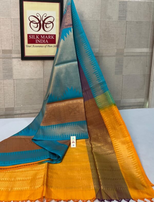 Teal Green & Mustard Yellow Pure Silk Saree with Temple Zari Borders