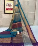 Teal Blue Pure Silk Saree with Antique Gold Zari & Rich Purple Contrast Border
