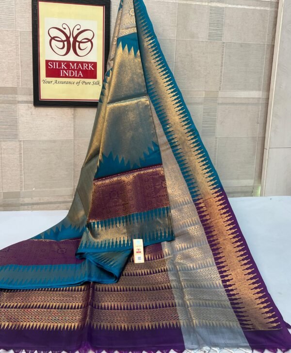 Teal Blue Pure Silk Saree with Antique Gold Zari & Rich Purple Contrast Border