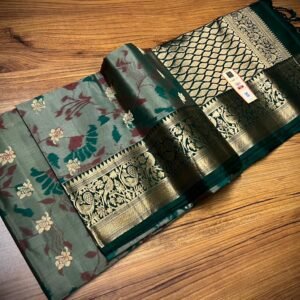 Kanjivaram silk saree - Mehendi Green Silk Saree with Ikat-Inspired Floral Design and Grand Gold Zari Pallu