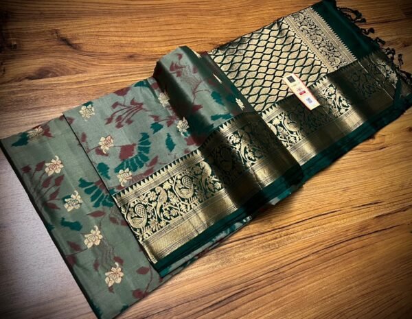 Kanjivaram silk saree - Mehendi Green Silk Saree with Ikat-Inspired Floral Design and Grand Gold Zari Pallu