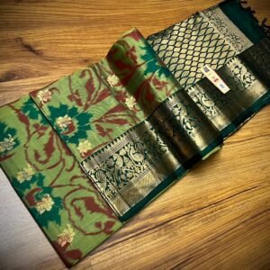 Pista Green Silk Saree with Ikat-Inspired Floral Motifs and Rich Gold Zari Border & Pallu