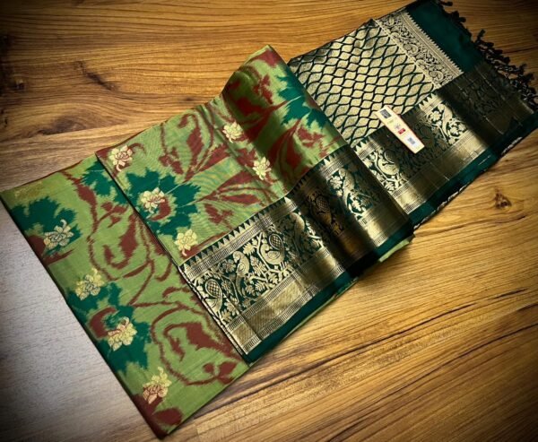 Pista Green Silk Saree with Ikat-Inspired Floral Motifs and Rich Gold Zari Border & Pallu