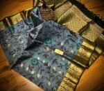 Steel Blue Silk Saree with Floral Vines and Rich Gold Zari Border & Pallu