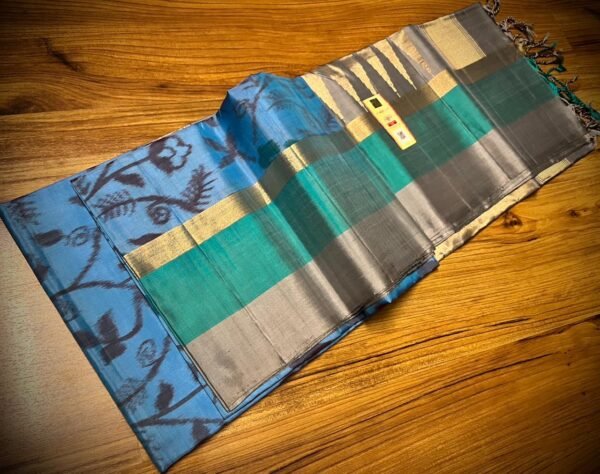 Powder Blue Silk Saree with Floral Vines and Gold Zari Border