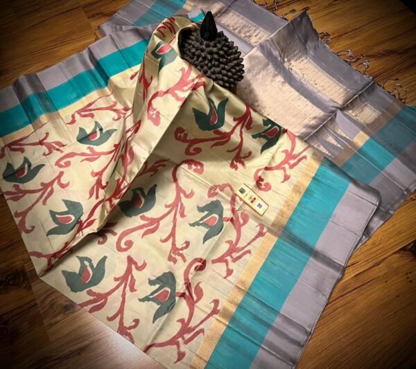 Ivory Silk Saree with Stylized Floral Motifs and Teal–Grey Gold Zari Border