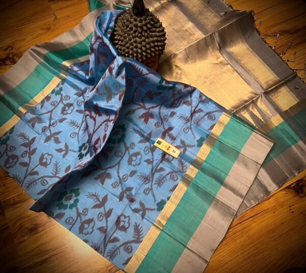 Powder Blue Silk Saree with Floral Vines and Gold Zari Border