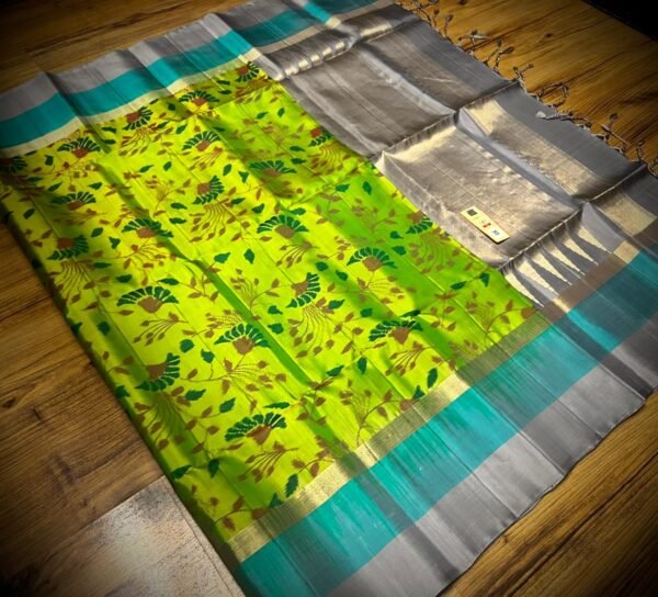 Lime Green Silk Saree with Floral Motifs and Gold Zari Border