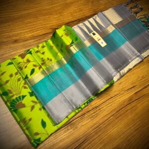 Lime Green Silk Saree with Floral Motifs and Gold Zari Border