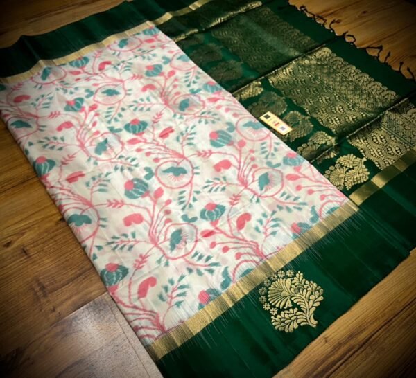 Off-White Floral Silk Saree with Emerald Green Zari Border and Rich Woven Pallu