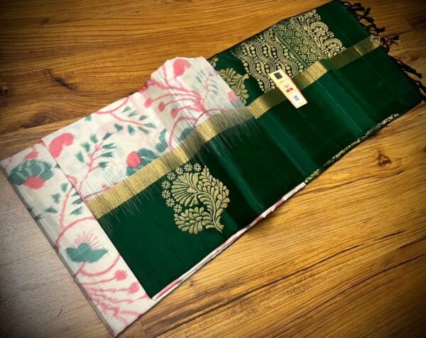 Off-White Floral Silk Saree with Emerald Green Zari Border and Rich Woven Pallu