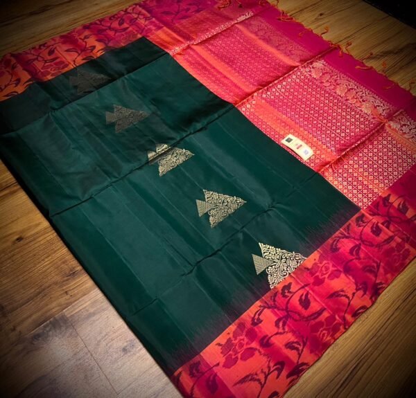 Deep Teal Green Silk Saree with Gold Butta Motifs and Contrast Pink Zari Pallu