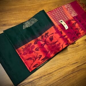 Deep Teal Green Silk Saree with Gold Butta Motifs and Contrast Pink Zari Pallu