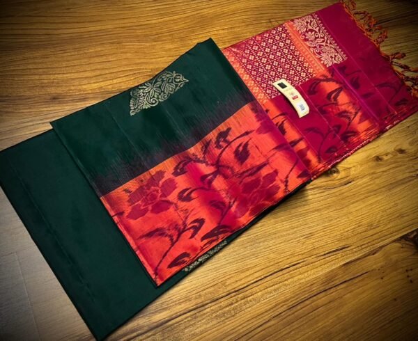 Deep Teal Green Silk Saree with Gold Butta Motifs and Contrast Pink Zari Pallu