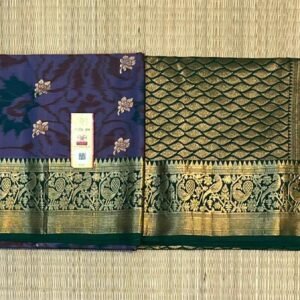 Royal Indigo Silk Saree with Gold Zari Buttas & Emerald Green Pallu