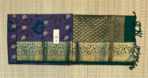 Royal Indigo Silk Saree with Gold Zari Buttas & Emerald Green Pallu