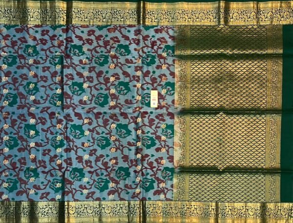 Teal Blue Floral Silk Saree with Rich Gold Zari Border & Pallu