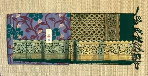 Steel Blue Floral Silk Saree with Emerald Green Gold Zari Pallu