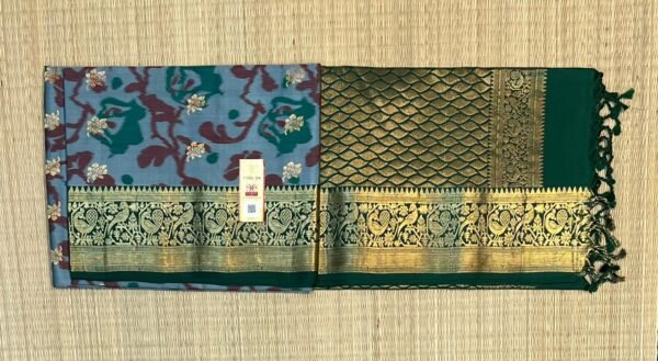 Teal Blue Floral Silk Saree with Rich Gold Zari Border & Pallu