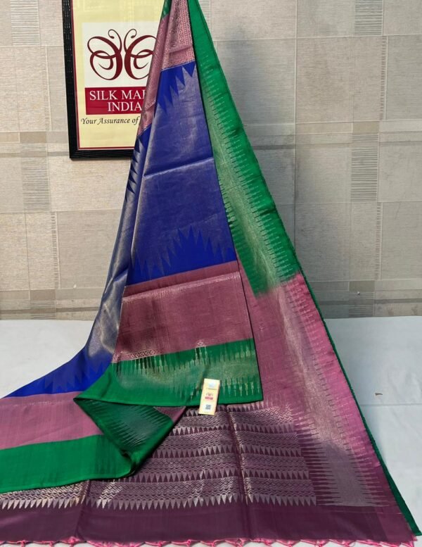 Royal Blue Pure Silk Saree with Emerald Green Borders & Purple Woven Pallu