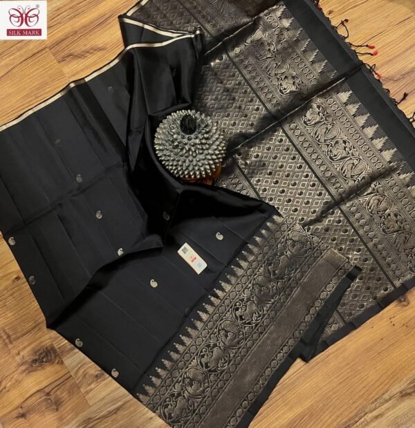 Jet Black Pure Silk Saree with Antique Gold Zari Temple Borde