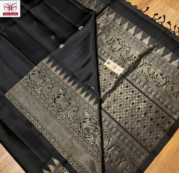 Jet Black Pure Silk Saree with Antique Gold Zari Temple Borde