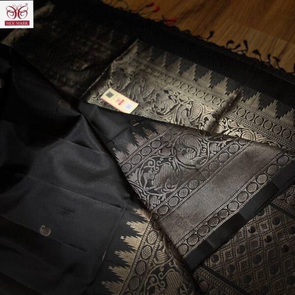 Jet Black Pure Silk Saree with Antique Gold Zari Temple Borde