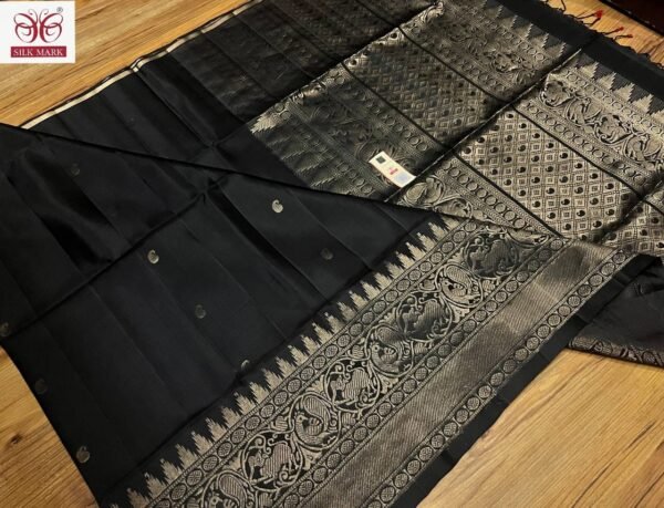 Jet Black Pure Silk Saree with Antique Gold Zari Temple Borde