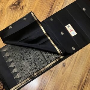Jet Black Pure Silk Saree with Antique Gold Zari Temple Borde