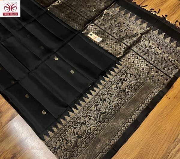 Jet Black Pure Silk Saree with Antique Gold Zari Temple Borde
