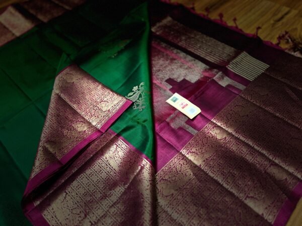 Emerald Green Silk Saree with Magenta Zari Border & Rich Pallu