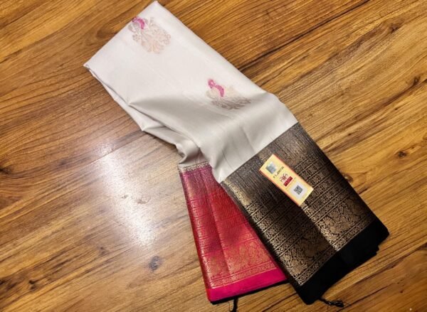 Pure White Silk Saree with Black & Antique Gold Zari Border and Rose Pink Pallu