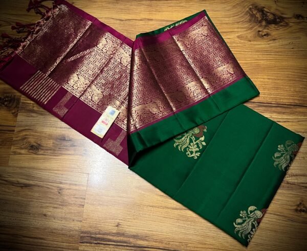 Emerald Green Silk Saree with Magenta Zari Border & Rich Pallu