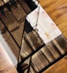 Pure White Silk Saree with Black & Antique Gold Zari Border and Rose Pink Pallu