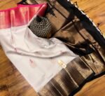 Pure White Silk Saree with Black & Antique Gold Zari Border and Rose Pink Pallu