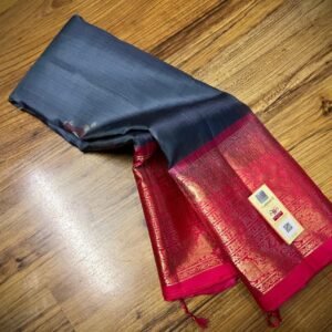 Steel Grey Silk Saree with Rich Red Zari Border