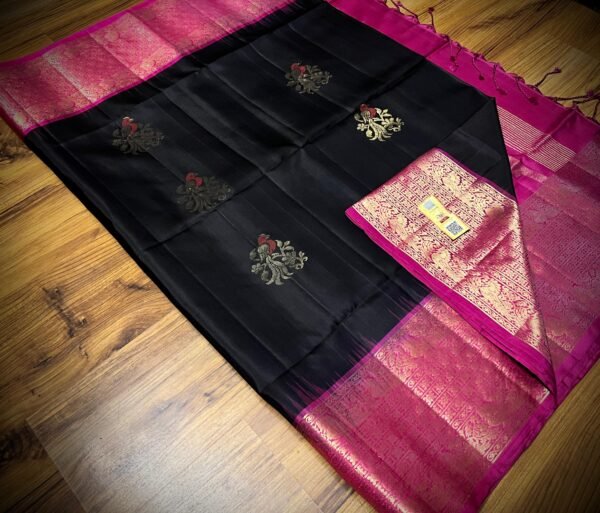Elegant Black Silk Saree with Magenta Pink Zari Border