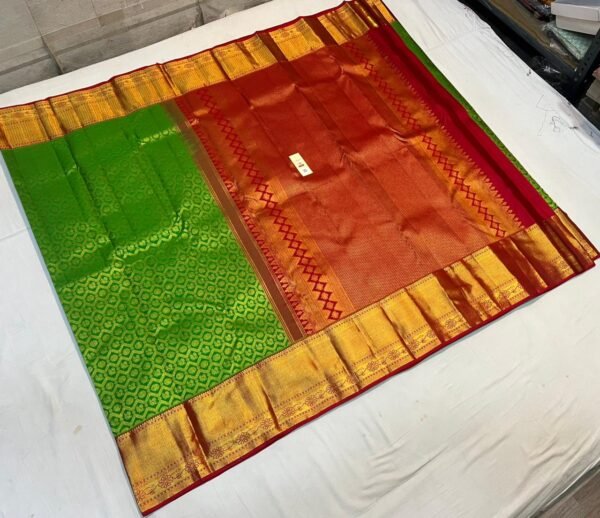 Green and Maroon Gold Zari Silk Saree with Diamond Motif Body and Temple Border