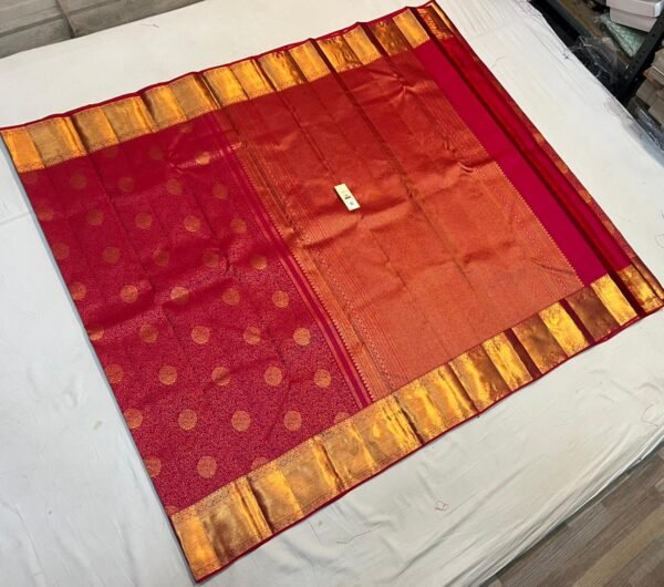 Deep Red Gold Zari Silk Saree with Butta Motif Body and Broad Traditional Border