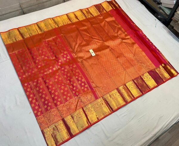 Coral Red and Rani Pink Gold Zari Silk Saree with Butta Body and Grand Temple Border
