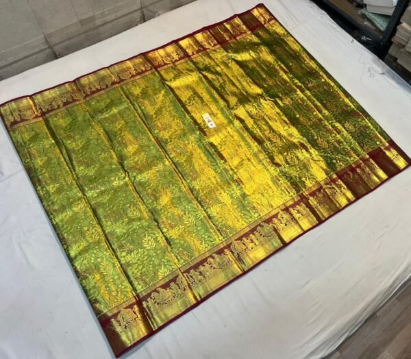 Olive Green and Antique Gold Zari Silk Saree with Rich Pallu and Temple Motif Border