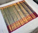 Steel Grey and Antique Gold Zari Silk Saree with Ornate Brocade Pallu and Maroon Border