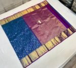 Royal Blue and Plum Silk Saree with Gold Zari Floral Weave and Broad Traditional Border