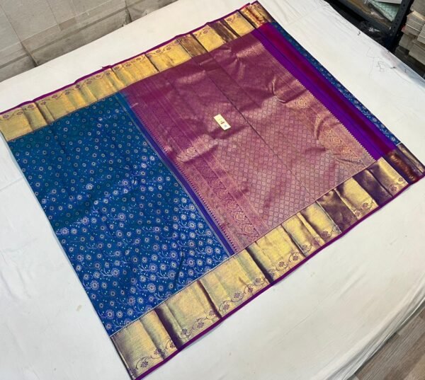 Royal Blue and Plum Silk Saree with Gold Zari Floral Weave and Broad Traditional Border